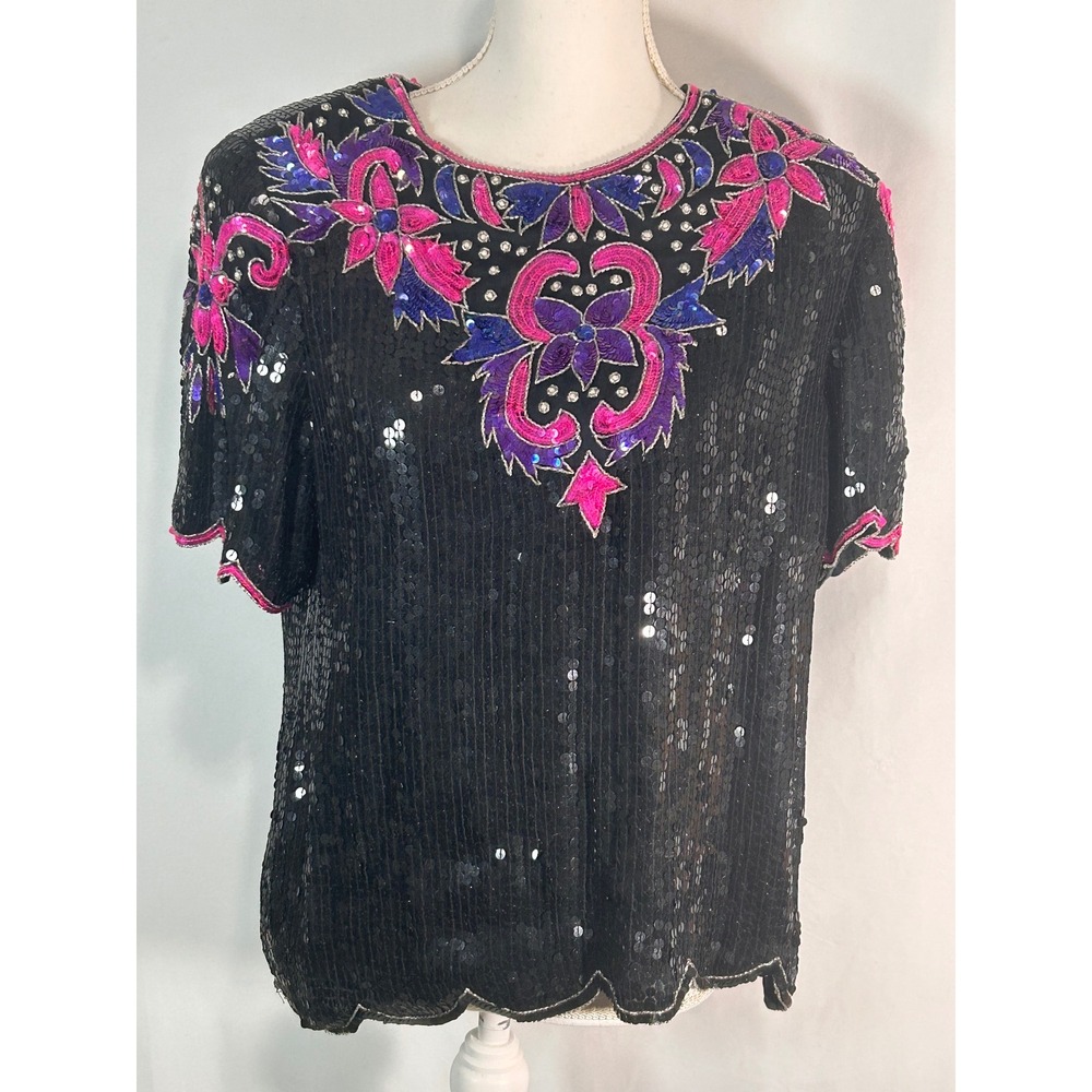 Vintage Black Sequin Floral Top‎ Pink Purple Beaded Scalloped Hem Evening Blouse
